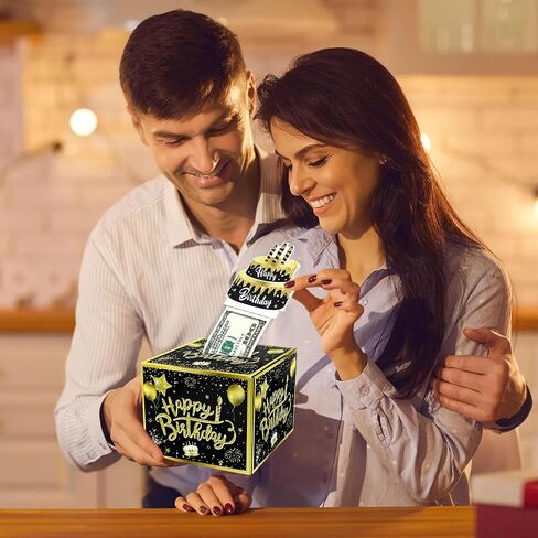 Nobgum Birthday Day Money Box for Cash Gift Pull, Surprise Money Box for Cash Gift，Black & Gold Money Holder for Friend Family Women Men Birthday Party in Kuwait
