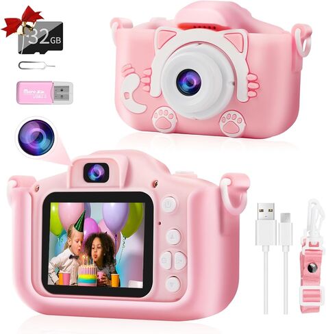كاميرا رقمية للأطفال للفتيات والأولاد، كاميرا فيديو للأطفال الصغار 1080 بكسل HD 2.0 بوصة شاشة IPS مع بطاقة 32 جيجابايت، كاميرا للأطفال من عمر 3 إلى 12 عامًا هدايا عيد الميلاد لعمر 3 4 5 6 7 8 سنوات (أزرق) in Kuwait