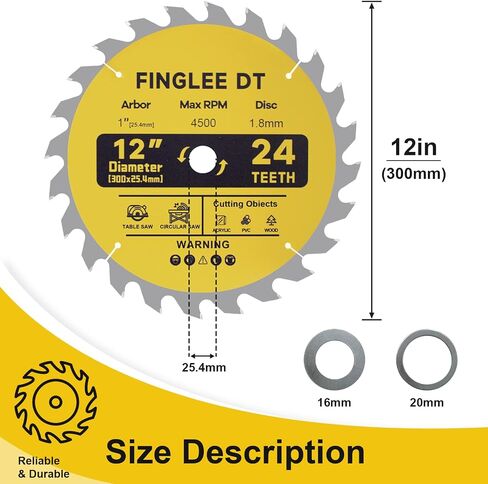 FINGLEE DT 12 بوصة 24T شفرة منشار دائري مع 5/8 بوصة، شفرة منشار قطع فولاذية شفرة منشار النجارة لقطع الخشب المختلفة (قطعة واحدة 12 بوصة) in Saudi Arabia