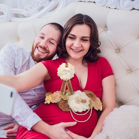 مجموعة وشاح الأمومة تيدي بير للأب والأم ليكونا وشاحًا على شكل دبوس زهور ووشاح تذكاري لحفل استقبال المولود الجديد لوازم الكشف عن الجنس ديكورات دعائم التصوير الفوتوغرافي للحمل (لون أبيض حليبي) in Kuwait