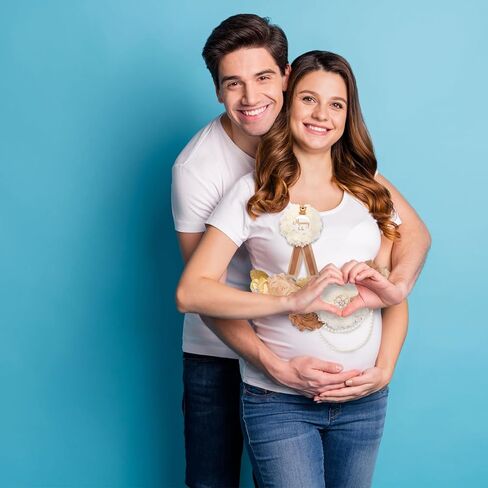 مجموعة وشاح الأمومة تيدي بير للأب والأم ليكونا وشاحًا على شكل دبوس زهور ووشاح تذكاري لحفل استقبال المولود الجديد لوازم الكشف عن الجنس ديكورات دعائم التصوير الفوتوغرافي للحمل (لون أبيض حليبي) in Kuwait