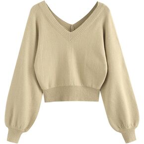 ZAFUL Women's Raglan Long Sleeve Double Side V Neck Short Sweater Casual Solid Cropped Knit Top Pullovers