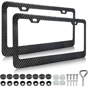 LIN KANG Carbon Fiber License Plate Frames - 2 Pack Black Aluminum Front & Rear Car Tag Holder Covers Glossy Waterproof Printed Carbon Pattern, Car Decorative Tag Frames with Fasteners and Screw Caps