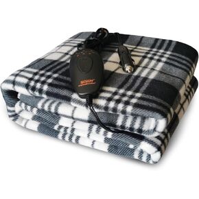 SJC Electric Blanket 60"x 40" 12V Heated Travel Blanket with 3 Heating Setting Fleece Car Blanket,Burgundy&Black