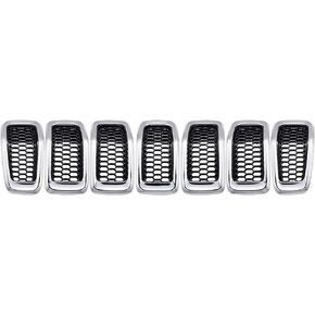 Compatible with 2014-2018 Jeep Cherokee 4-Door Grille Grill Cover Trim Insert Kit 7pcs (Black Mesh Grille + Chrome Moulding Trim)