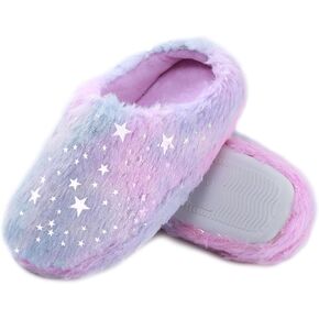 Girls Plush Faux Fur Slip on House Slippers Clog with Memory Foam - Bedroom Slippers Outdoor Indoor Faux Fur Lined