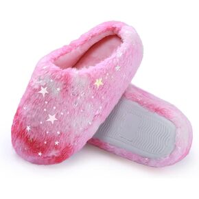 Girls Plush Faux Fur Slip on House Slippers Clog with Memory Foam - Bedroom Slippers Outdoor Indoor Faux Fur Lined