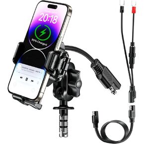 BRCOVAN Motorcycle Fork Stem Phone Mount Holder with Qi 15W Wireless Charger & 36W PD/USB-C Fast Charging Port, Anti-Theft, with Vibration Dampener, 1s Lock & Release, Camera Friendly, Adjustable Size