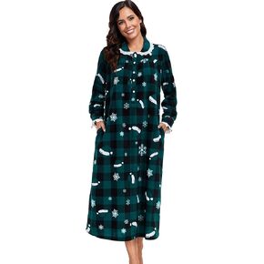 COLORFULLEAF Women's Plaid Fleece Nightgowns Christmas Nightshirt Lace Trim Long Sleeve House Dress with Pockets