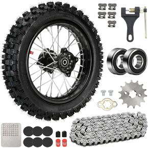 80/100-12 3.00-12 80x100x12 Rear Dirt Bike Tire Rim Wheel Assembly for 125cc 110cc SSR CRF70 CRF110F PW80 TTR110 KLX110 KLX110L KX65 DS80 JR80 Baja DR70 Off Road Pirt Bike Parts with 428 Chain