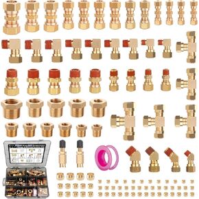 109Pcs Brass DOT Air Brake Line Fittings,1/4" 1/8" 3/8" 1/2" 5/8" Compression Air Nylon Tubing Fitting Assortment Repair Kits for Truck or Industrial Air System