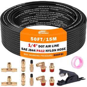 12 Pcs 1/4 Brass DOT Air Fittings With 50 FT 1/4 DOT Air Line Kit 15 Meter 1/4" Pneumatic Tubing with 1/4" DOT Air Fittings for Semi Truck Trailer or Industrial Air System