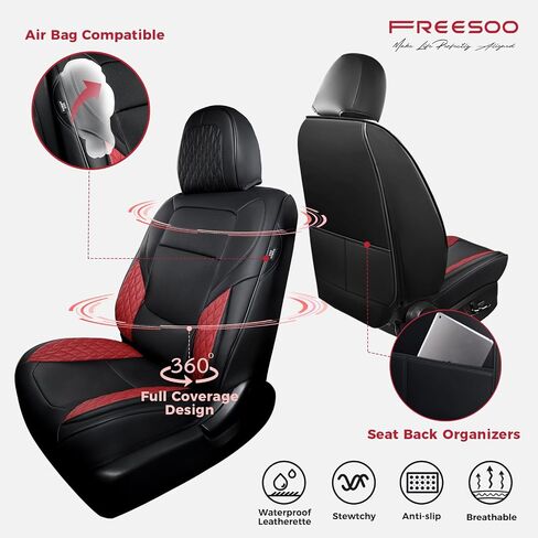 FREESOO Leather Car Seat Covers Full Set, Red Black Seat Covers for Cars, Waterproof Car Seat Covers Front Seats and Back, Automotive Car Seat Cushion Protector Fit for Most Trucks SUV Vehicles in Saudi Arabia