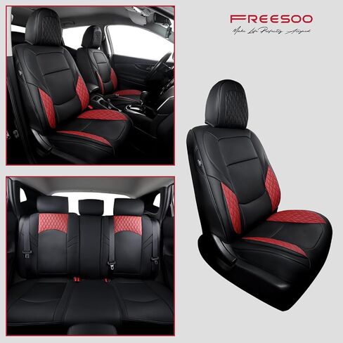FREESOO Leather Car Seat Covers Full Set, Red Black Seat Covers for Cars, Waterproof Car Seat Covers Front Seats and Back, Automotive Car Seat Cushion Protector Fit for Most Trucks SUV Vehicles in Saudi Arabia