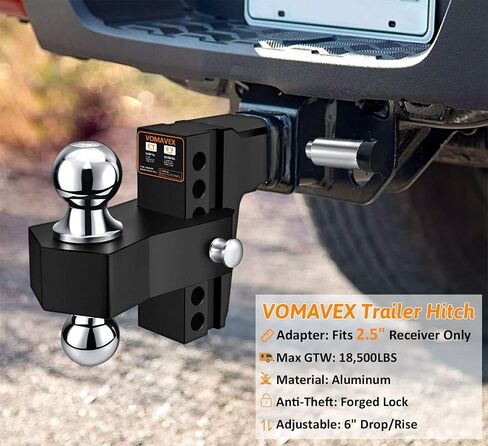 Adjustable Trailer Hitch-Drop Hitch Fits 2.5inch Receiver -6" Drop/Rise Tow Hitch with 2" and 2-5/16" Tow Balls-18500GTW with Double Anti-Theft Pins Locks, Black in Saudi Arabia