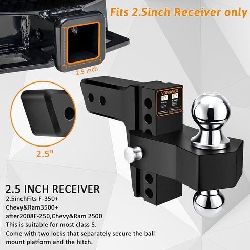 Adjustable Trailer Hitch-Drop Hitch Fits 2.5inch Receiver -6" Drop/Rise Tow Hitch with 2" and 2-5/16" Tow Balls-18500GTW with Double Anti-Theft Pins Locks, Black in Saudi Arabia