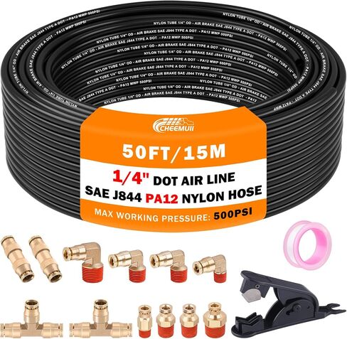 12 Pcs 1/4 Brass DOT Air Fittings With 50 FT 1/4 DOT Air Line Kit 15 Meter 1/4" Pneumatic Tubing with 1/4" DOT Air Fittings for Semi Truck Trailer or Industrial Air System in Kuwait