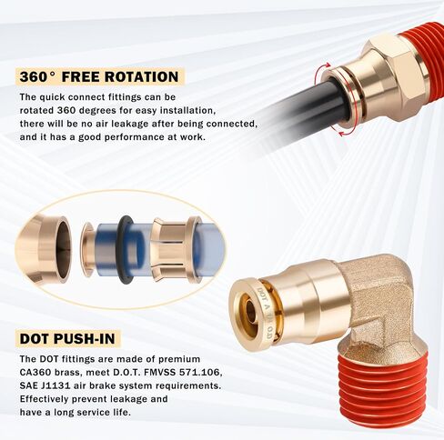 12 Pcs 1/4 Brass DOT Air Fittings With 50 FT 1/4 DOT Air Line Kit 15 Meter 1/4" Pneumatic Tubing with 1/4" DOT Air Fittings for Semi Truck Trailer or Industrial Air System in Kuwait