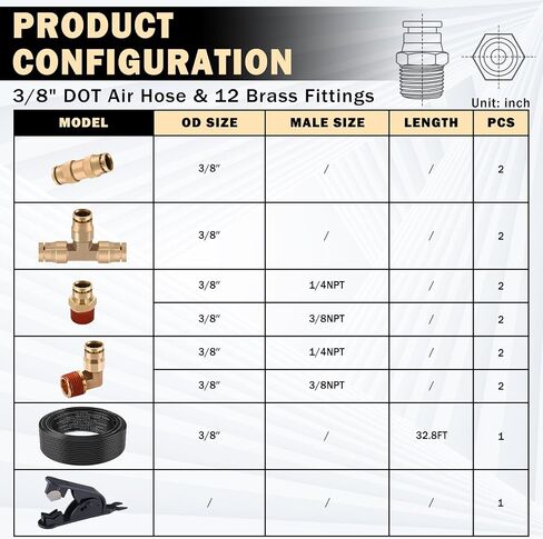 12 Pcs 1/4 Brass DOT Air Fittings With 50 FT 1/4 DOT Air Line Kit 15 Meter 1/4" Pneumatic Tubing with 1/4" DOT Air Fittings for Semi Truck Trailer or Industrial Air System in Kuwait
