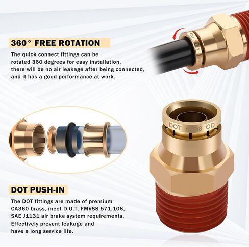 12 Pcs 1/4 Brass DOT Air Fittings With 50 FT 1/4 DOT Air Line Kit 15 Meter 1/4" Pneumatic Tubing with 1/4" DOT Air Fittings for Semi Truck Trailer or Industrial Air System in Kuwait
