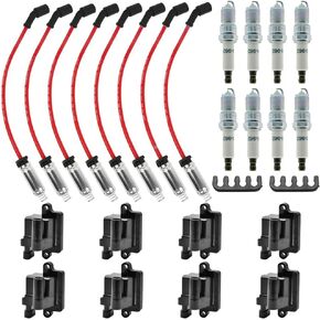 UF-271 Set of 8 Square Ignition Coil, 748EE 8 Platinum Spark Plug and Red Wire Set Compatible with Chevrolet Avalanche Silverado Suburban GMC Hummer H2 Savana 1500 2500 3500 Sierra, 748EE, 41962
