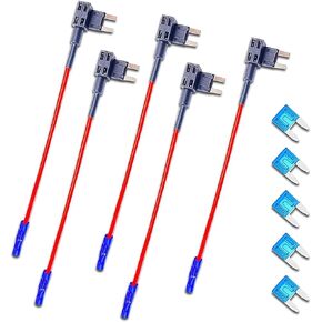 Pack-5 Car Additional Circuit Fuse TAP Adapter, ATM APM Blade Fuse Holder, Pure Copper Wire High Temperature Resistant Cable Fuse with 4 x 15A Inserts, Universal for Most Cars (Blue & Red)