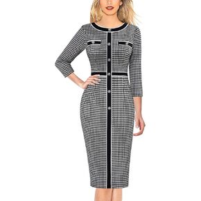 VFSHOW Womens Buttons Patchwork Work Business Office Party Bodycon Pencil Sheath Dress