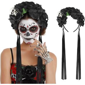Day of The Dead Headwear Halloween Rose Floral Crown Headwear with Lace Veil Headpiece Halloween Headbands for Women Halloween Costume Accessories