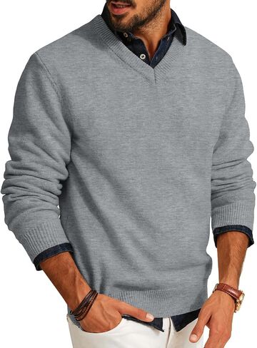 PJ PAUL JONES Mens Knit Pullover Lightweight Long Sleeve Regular Fit Sweater Pullover Casual V Neck Wool Blend Sweater Dark Grey XL in Saudi Arabia