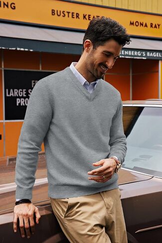 PJ PAUL JONES Mens Knit Pullover Lightweight Long Sleeve Regular Fit Sweater Pullover Casual V Neck Wool Blend Sweater Dark Grey XL in Saudi Arabia