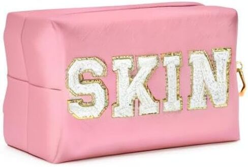 Y1tvei 4Pcs Preppy Patch Varsity Letter Makeup Bag Sewn with Pink Skin Hair Face Stuff Chenille Letter Cosmetic Toiletry Bag PU Leather Waterproof Portable Zipper Purse Travel Organizer for Women Girl in Kuwait