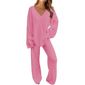 TECREW Women's Fuzzy Fleece Lounge Sets 2 Piece Outfits Long Sleeve Top Wide Leg Pants Pajama Sets