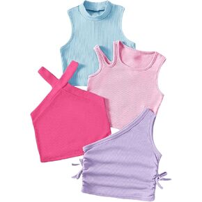 Milumia Girl's 4 Pack Rib Knitted Asymmetrical Neck Sleeveless Fitted Basic Tank Tops