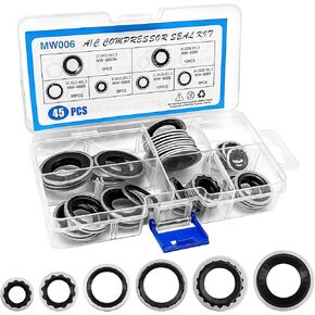 45pcs Air Conditioning Compressor Port Seal Washer Kit, 6 Types A/C Seal Replacement Kit, AC Compressor Seal Gasket Assortment Universal Automotive Self-Centered Washers