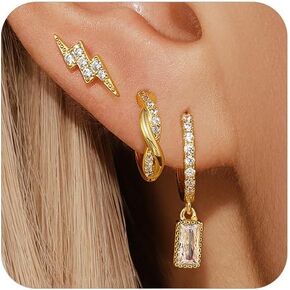3 Pairs 14K Gold Plated Hoop Earrings Set for Women, Dainty Huggie Hoop Hypoallergenic Earring Stacks for Multiple Piercing, Dangle Waterproof Huggie Earrings Trendy Jewelry Gift