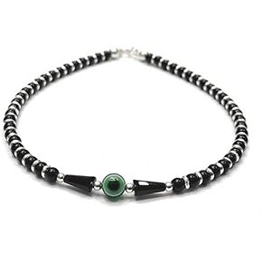 Jewellers Anklet 925 Sterling Silver Green Evil Eye & Black Beads Anklet - 10.5 Inches Standard Size With Adjuster Free Size Weight 8 Gms (Pack Of 1)