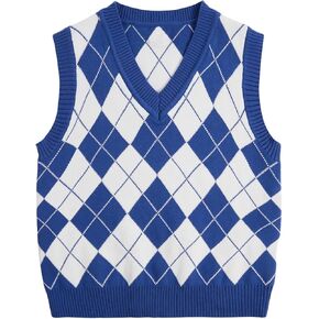 Verdusa Boy's V Neck Argyle Print Knitted Vintage Sweater Vest Casual Sleeveless Pullovers