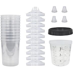 Disposable Paint Gun Cup, HVLP Paint Sprayer Gun Mixing Cups 20 Ounce(600ML) Kit with 50 Cups and Lids System, 10 Plugs and 1 Hard Cup with Retainer Ring, 1 Cup Adapter