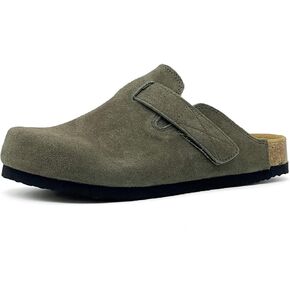 rosyclo Clogs for Women and Men, Suede Leather Hook and Loop Comfort Cork Footbed Adjustable Women's Mules House Slippers Clog Sandals Potato Shoes with Arch Support
