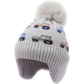 ACTLATI Kids Beanie with Ear Flaps for Boys Pom-pom Knit Hats Warm Fleece Lining Winter Outdoor Skull Snow Ski Cap Age 2-10