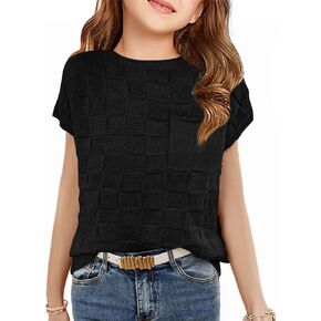 Haloumoning Girls Short Sleeve Sweater Vest Kids Dressy Crewneck Knit Pullover Tops with Pocket 5-14 Years