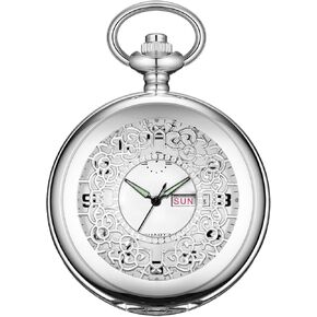 BOSHIYA Smooth Quartz Pocket Watches for Men Classic Arabic Digital Luminous Dial & Day Date Pocket Watch with Chain Christmas Graduation Birthday Gifts