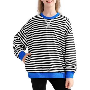 Girls Oversized Sweatshirt Striped Color Block Crewneck with Pockets Pullover Tops Long Sleeve Shirts 7-14 Years