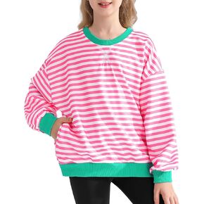 سويت شيرت بناتي كبير الحجم مخطط كتلة الألوان بياقة دائرية مع جيوب بلوفر وأكمام طويلة قمصان 7-14 سنة in Kuwait