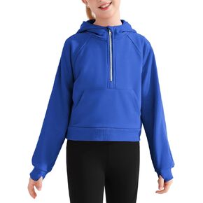 Weixinbuy Girls Hoodies Sweatshirt Half Zipper Pullover Crop Tops for Teen Girls Kids Fall Clothes with Thumb Hole 7-14 Years