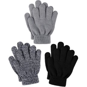 Glooarm 3 Pairs Kids Gloves Winter Gloves Thick Cashmere Magic Gloves Knit Stretchy Warm Gloves Boys Girls 4-14 Years
