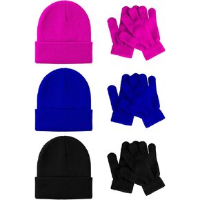 Glooarm 6 Pack Kids Beanies Hats Gloves Set, Kids Winter Hats Full Finger Gloves for Boys Girls