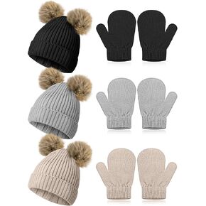 SATINIOR 3 Set Toddler Hat Glove Set, Kids Winter Hats Warm Knitted Beanie Mittens Gloves with Bow for Baby Girls Boys 0-6Y
