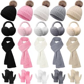JaGely 20 Pcs Kids Knit Winter Hat Gloves Scarf Set with Plush Earmuffs Warm Kids Pom Beanie Hat Snow Gloves Neck Scarves Unisex Cold Weather Cap Full Fingers Knitted Ski Mittens for Boys Girls Gift in Kuwait
