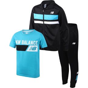 طقم بدلة رياضية للأولاد من New Balance - سترة بسحاب مكونة من 3 قطع وتي شيرت برسومات وبنطال رياضي - طقم ملابس رياضية تريكو للأولاد (4-12)